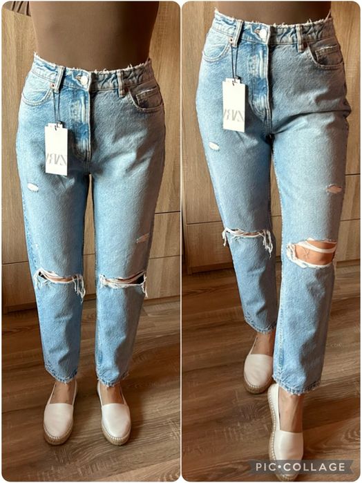 Zara jeansy Classic Mom Fit z dziurami r.40