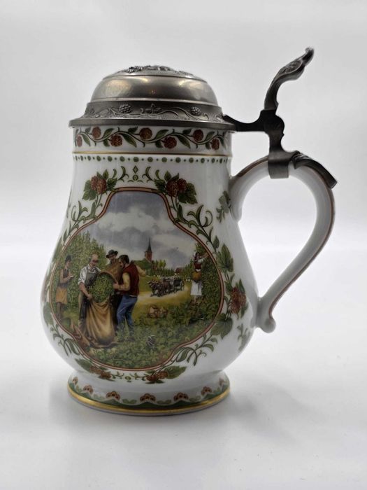 Porcelanowy kufel do piwa z cynową pokrywką 1986 #227 Stylowy Węgrów