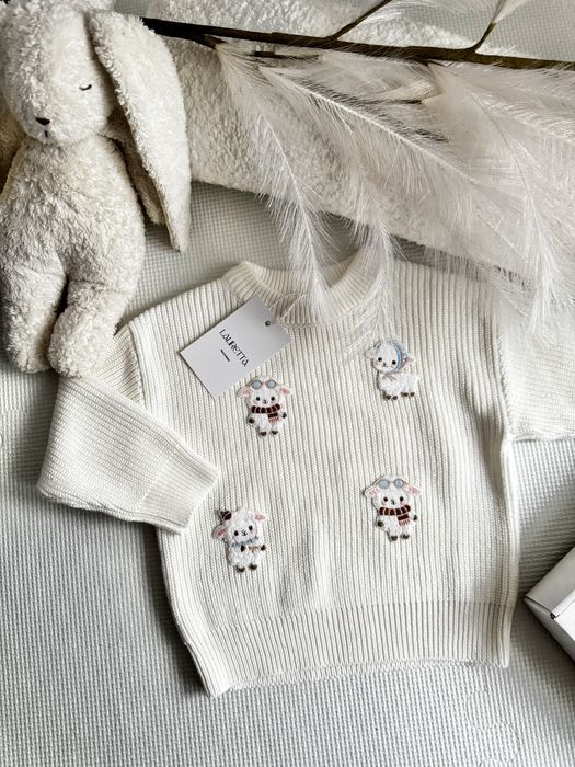 Sweterek niemowlęcy 80 handmade haft owieczki unisex nowy