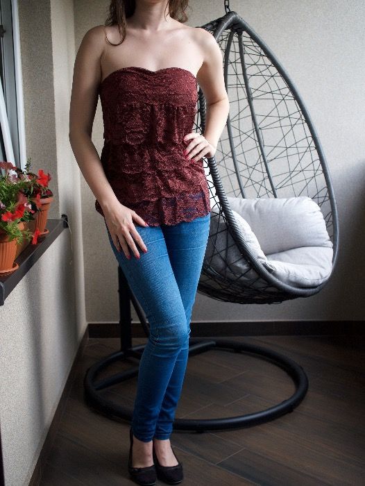 Koronkowa romantyczna bluzka gorsetowa, bordo, S, hiszpanka