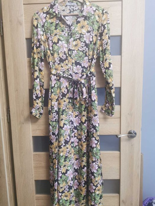 Sukienka długa w kwiaty zielono żółta