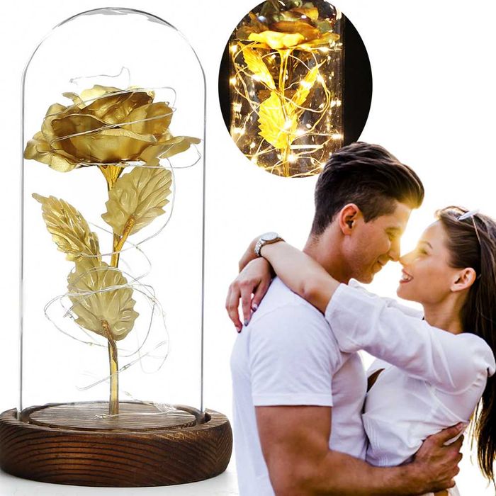 Piękna Złota Róża w Szkle Piękny PREZENT Na Dzień Babci Walentynki