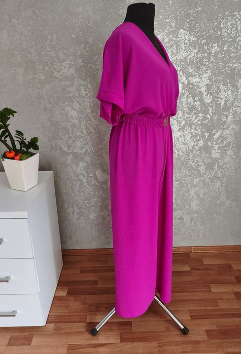 Kombinezon Długi  fuksja/ ciemny róż/ fioletowy z paskiem krótki rękaw wiskoza XL xxl XXXL