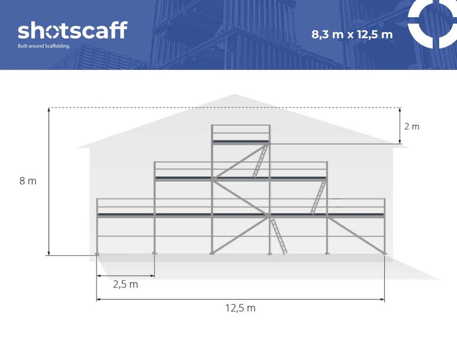 Lekkie rysztowanie aluminiowe na szczyt 8,30 wysokośc x 12,5 m długość Plettac podest 2,5m nowe kompl