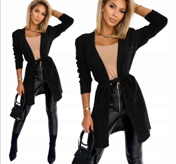 Sweter długi kardigan ażurowy czarny pasek L XL
