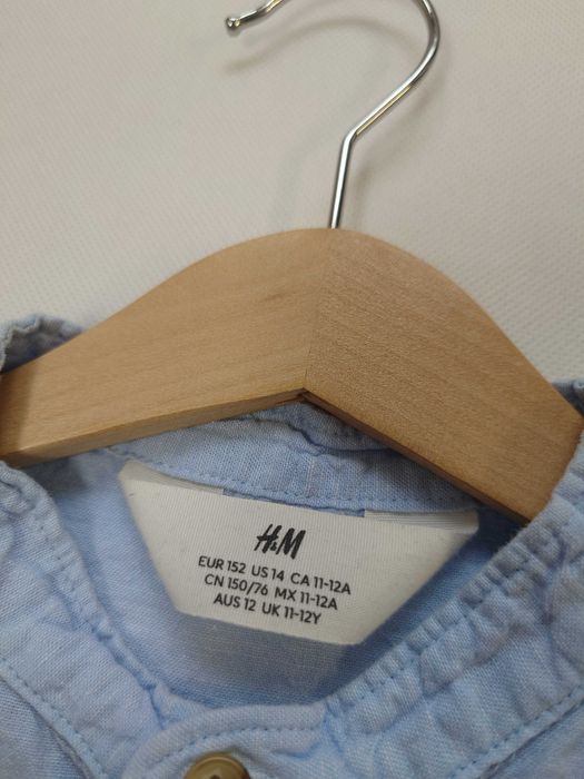 Jasnoniebieska lniana koszula chłopięca ze stójką len bawełna H&M 152
