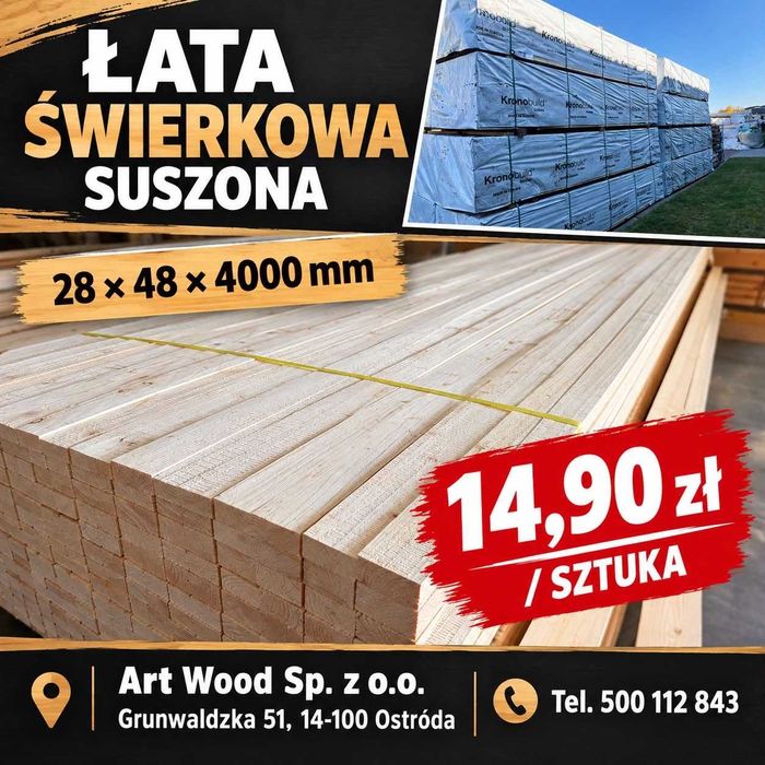 Łata 28x48x4000  świerkowa szuszona   3,72 zł/mb
