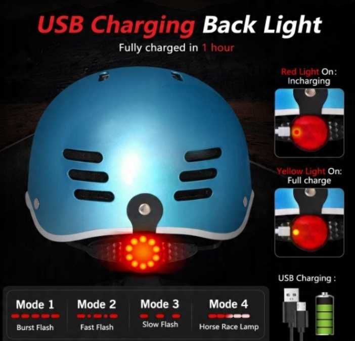 Kask Rowerowy Ze Światłem LED 58-61 cm Wentylowany Niebieski