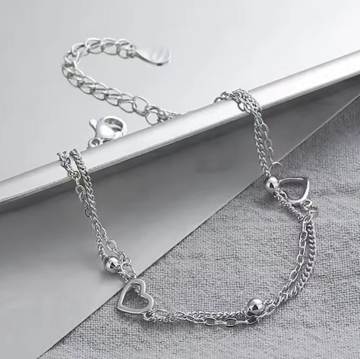 Подвійний срібний браслет з кульками та сердцями 925 проби