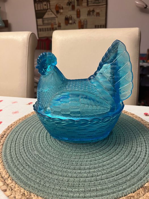 Duża Kura szklana turkusowa niebieska HSG Ząbkowice, PRL, new look