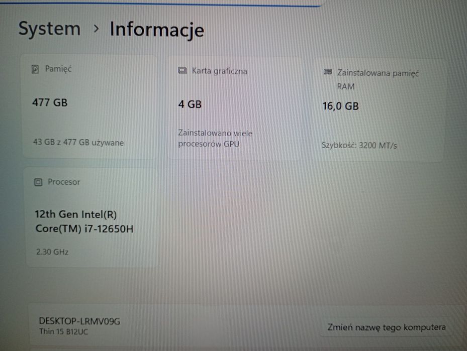 Laptop Gamingowy MSI Thin15  i7 12th / rtx3050  16GB RAM  Komis Madej sc.