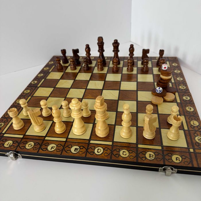 Набор шахматы, шашки, нарды с магнитом 3 в 1 7704 (доска 39x39 см)