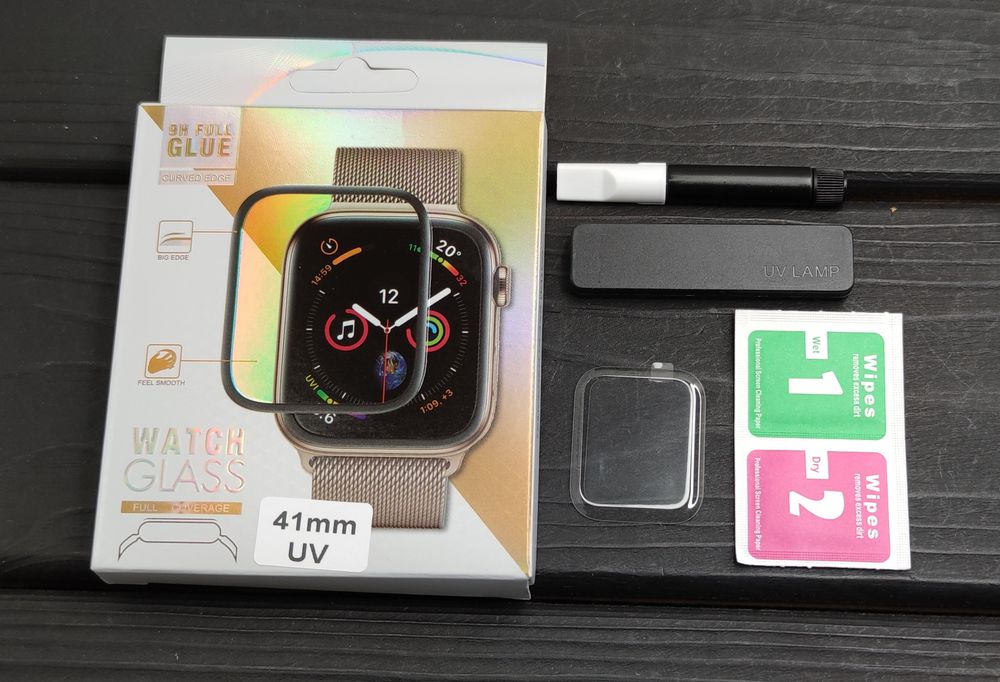 Стекло изогнутое на Apple Watch 41 mm/ 45 mm УФ клей. Прозрачное скло