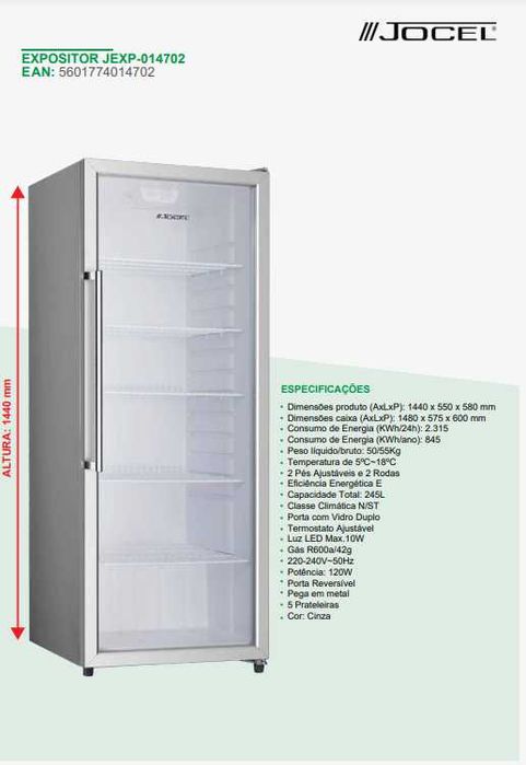 Expositor de Frios 5 - 18º Jocel 144cm alt. 5 prateleiras