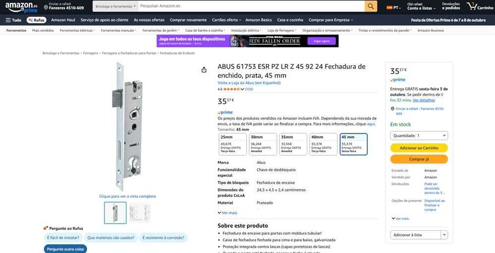 Abus Fechadura de encaixe prata 45 mm