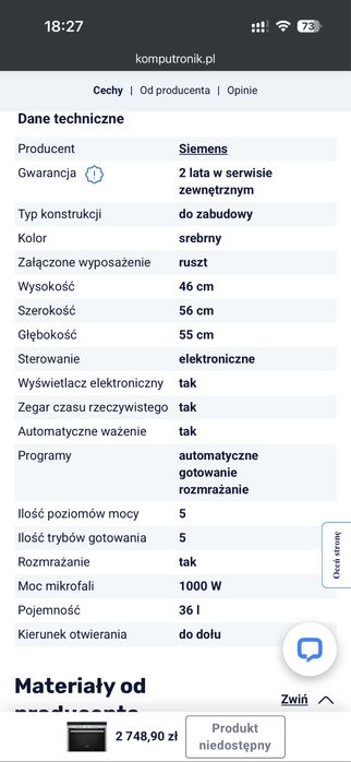 Kuchenka mikrofalowa do zabudow siemens 1000w
