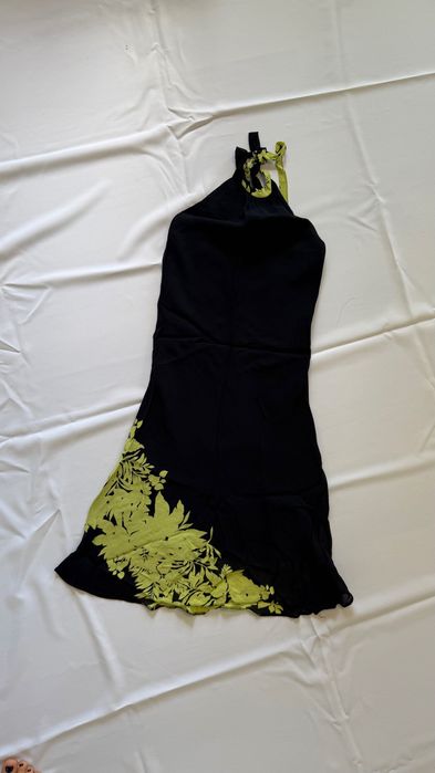 Sukienka midi, granatowa w zielone kwiaty, rozm. S