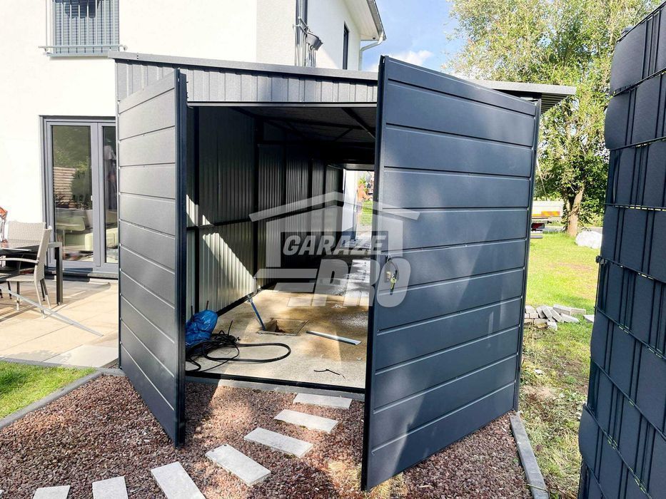 Garaż blaszany 3x9 2x Brama uchylna + antracyt  spad w bok GP191