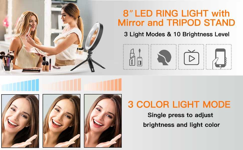 Ring Light LED 8'' 3 Modos 10 Níveis, USB (Maquilhagem, Vídeo, TikTok)