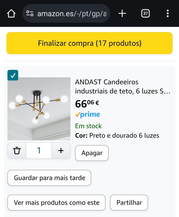 Candeeiro preto mate e dourado (para 6 lâmpadas)