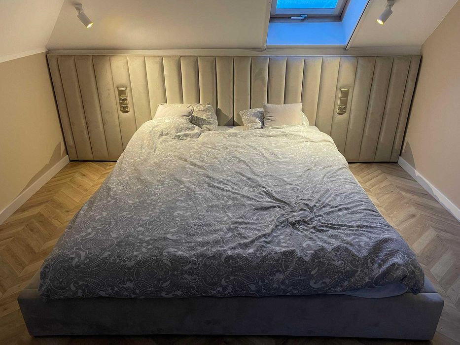 łóżko tapicerowane, pojemnik, szerokie wezgłowie, producent 140 x 200