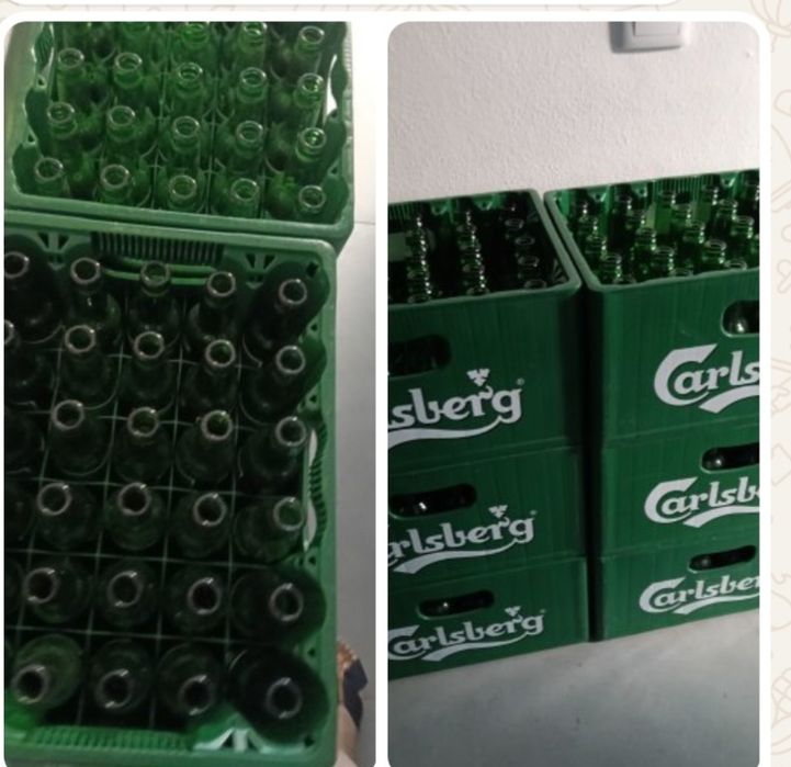 6 grades de garrafas da carlsberg completas e mais duas grades só  com algumas garrafas.