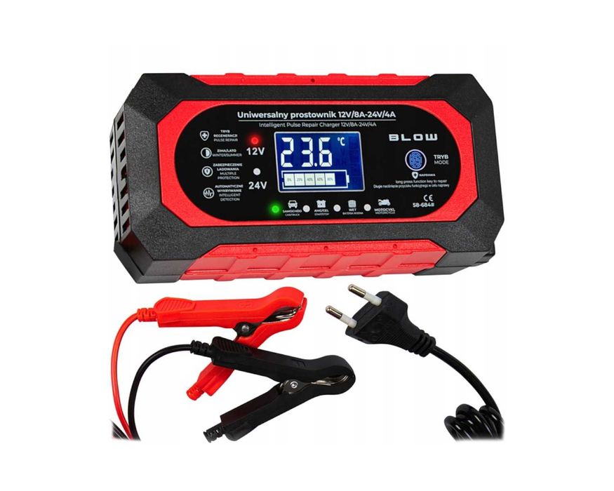 Prostownik AUTOMATYCZNY 12V 24V LCD Szybkie Ładowanie Tryb Naprawy