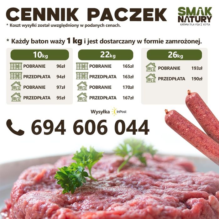Mięso dla psa kota wołowina indyk BARF mrożone Baton kostka