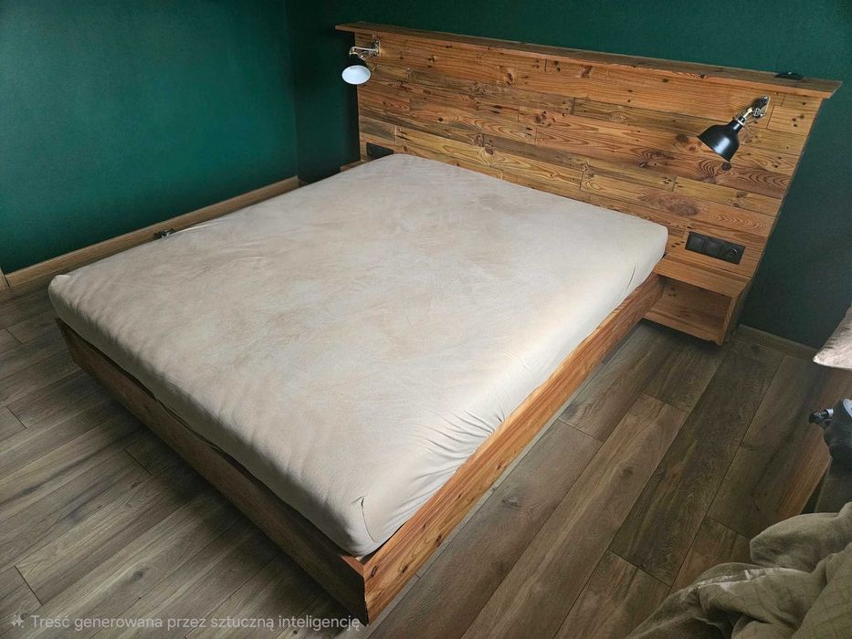 Łóżko drewniane z dużym zagłówkiem, szafkami nocnymi i lampkami – loft