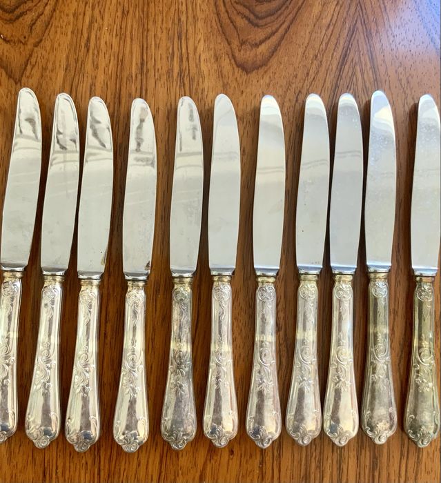 12 facas cabo banho de prata e folha inox francesas