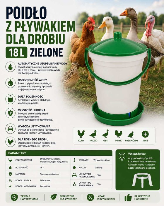 Poidło dla drobiu kur, kaczek, gęsi z pływakiem dla drobiu 18l zielone