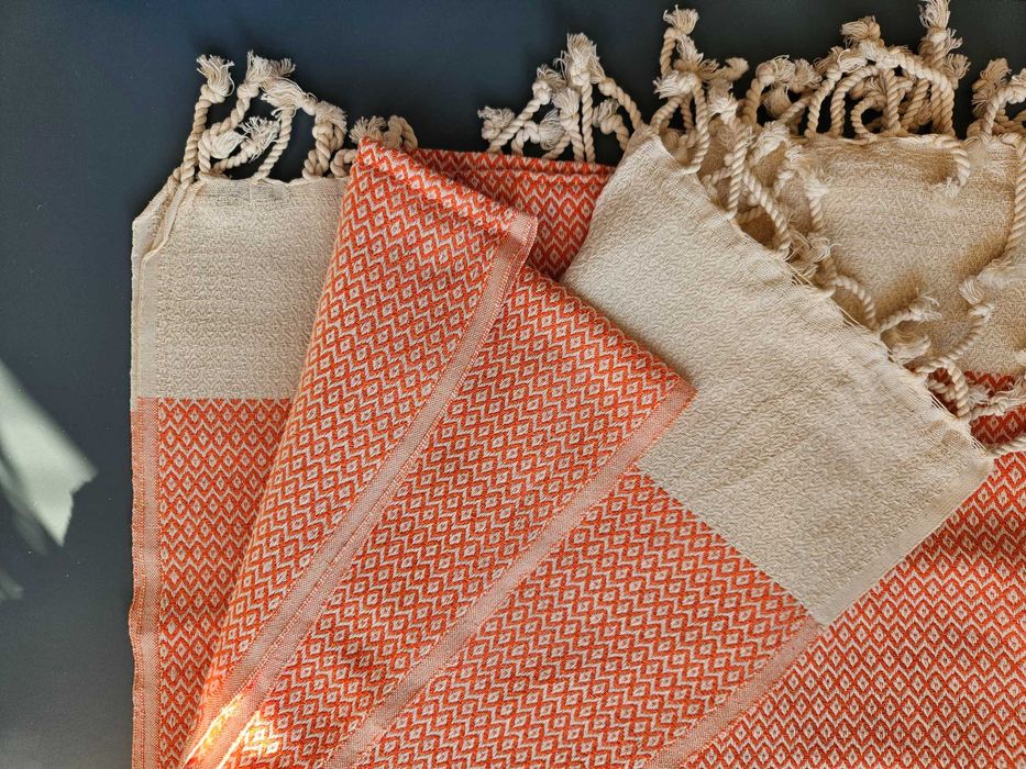 Wielofunkcyjny turecki bawełniany Peshtemal 100x180 kremowo koralowy