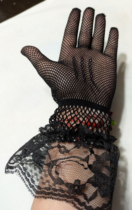 Rękawiczki koronkowe kabaretki z aksamitną różą, nowe