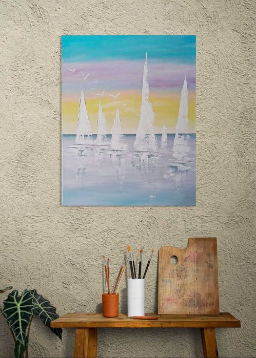 Obraz na płótnie ręcznie malowany akrylami Żaglówki o wschodzie słońca