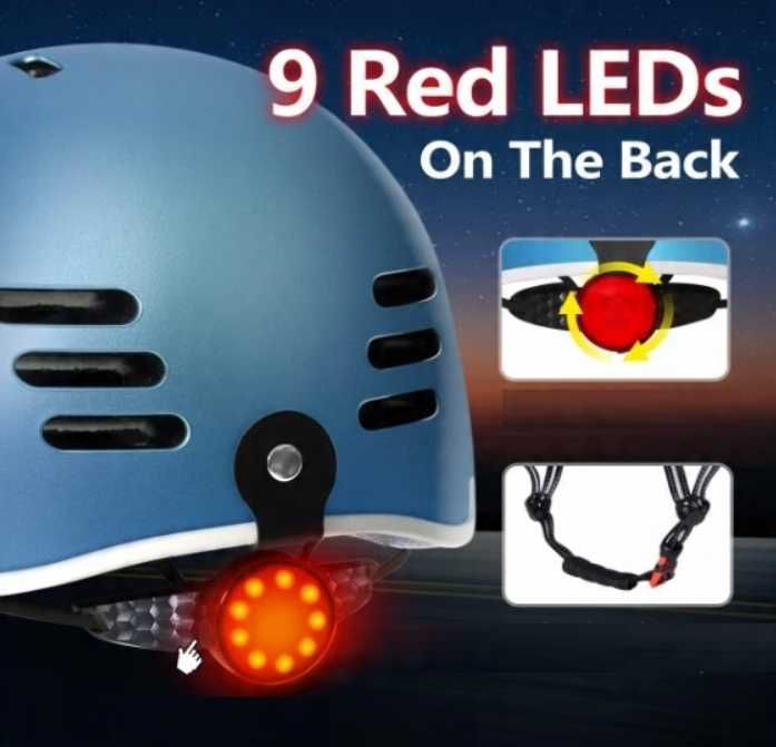 Kask Rowerowy Ze Światłem LED 58-61 cm Wentylowany Niebieski