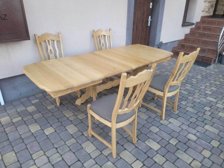 Stół Lity Dąb Jasny Dębowy Rozkładany + 4 Krzesła
