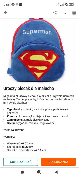 Pluszowy plecak Superman, do przedszkola
