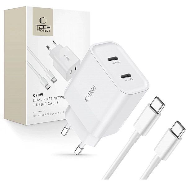 Ładowarka Tech-Protect C20w sieciowa 2x Usb-c Pd 20w z kablem Usb-c /