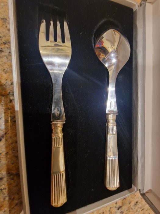 Conjunto Talheres Criança em prata e inox - Novo (2 conjuntos)