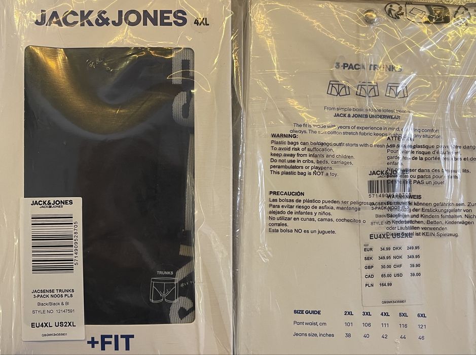 Bokserki Jack&Jones 3pak, męskie, 4XL, nowe.