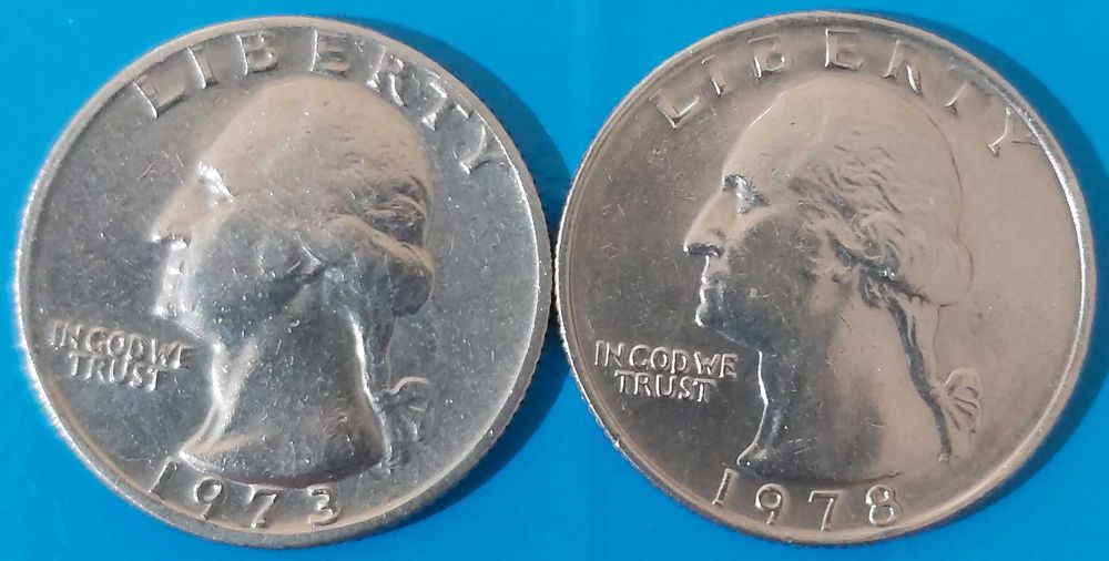 2 Moedas de 1/4 Dólar de 1973 e 1978, dos Estados Unidos América