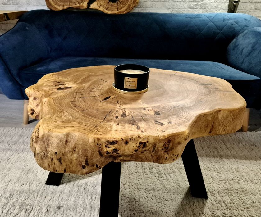 Stolik kawowy 79x65cm PIĘKNY OKAZ LIVE EDGE plaster drewna loft