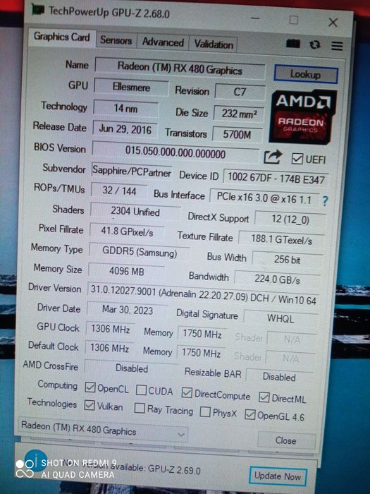 Видеокарта Rx 480 4gb 256Bit