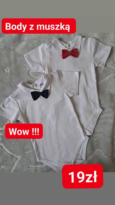 Nowe body z muszką,  rozm. 80, białe, bawełniane,  do chrztu,