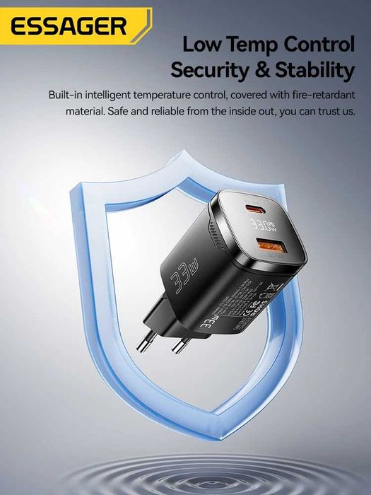 Зарядний пристрій Essager 33W GaN. Дисплей. Швидка зарядка USB Type-C