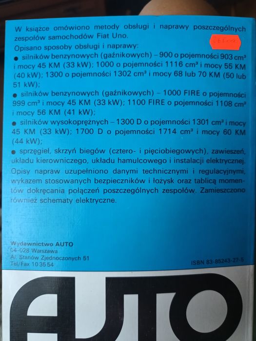 Książka pt. Fiat Uno Obsługa i Naprawa