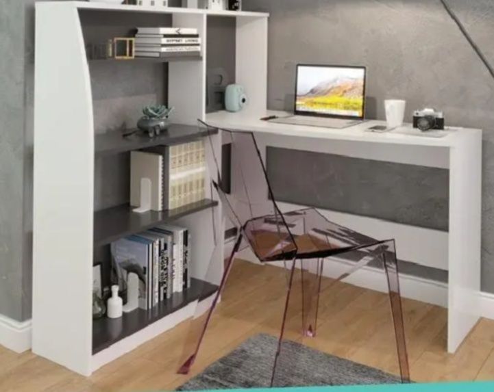 Biurko narożne biało-antracytowe z nadstawką