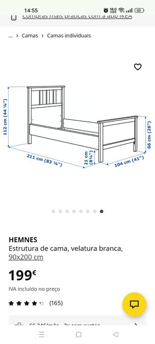 Cama solteiro IKEA HEMNES Estrutura de cama, velatura branca, 90x200cm