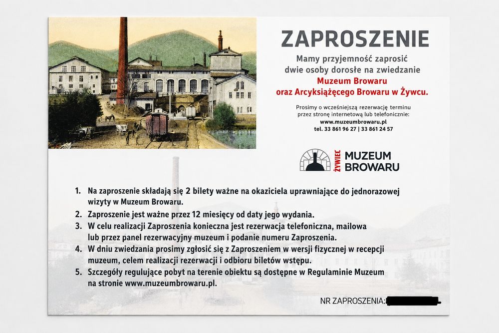 zaproszenie dla dwóch osób dorosłych do jednorazowego zwiedzania Muzeum Browaru oraz Arcyksiążęcego Browaru w Żywcu (mam 4 takie zaproszenia)
