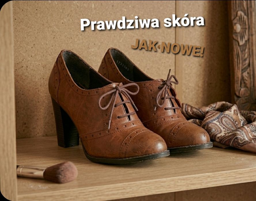 Skórzane brązowe buty oksfordki, botki na słupku